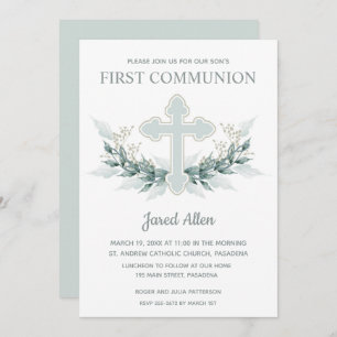 Blue Cross and Foliage First Communion Invitations