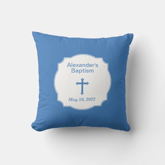 Blue Cross Baby Boy Baptism Christening Throw Pillow (Front)