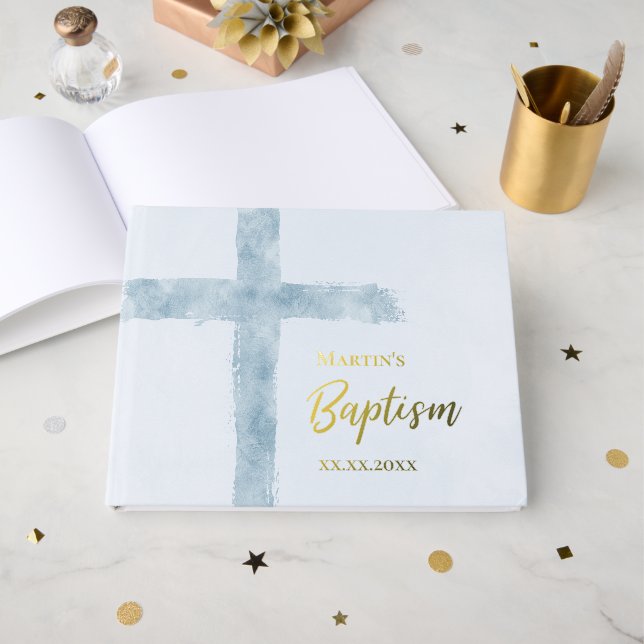 blue Cross Baptism Guest Book (Front Open)