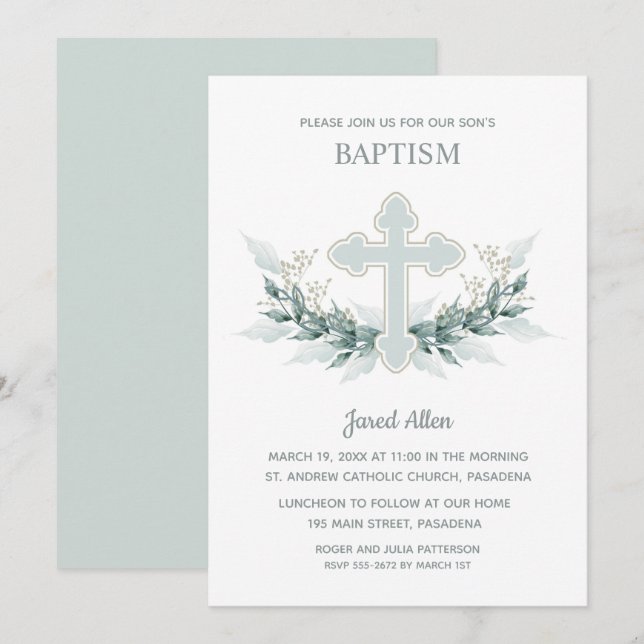 Blue Cross Greenery Baptism Invitation (Front/Back)