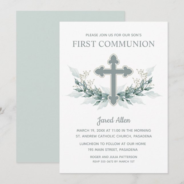 Blue Cross Greenery First Communion Invitation (Front/Back)