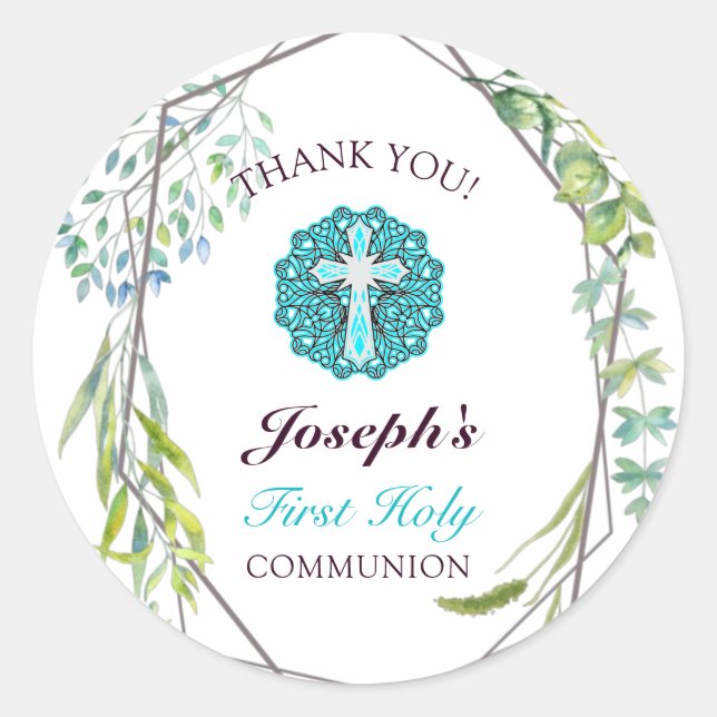 Blue Cross Spring Floral First Holy Communion   Classic Round Sticker (Front)