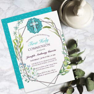 Blue Cross Spring Floral First Holy Communion Invitation