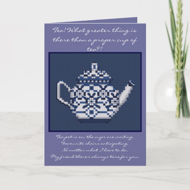 Blue cross stitch tea pot Japanese Proverb design Card (Front)