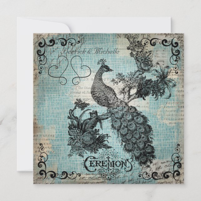 Blue Crosshatched Peacock Wedding Invitation (Front)