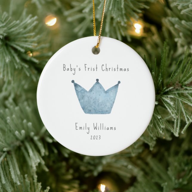 Blue Crown Photo Baby's Frist Christmas  Ceramic Ornament (Tree)