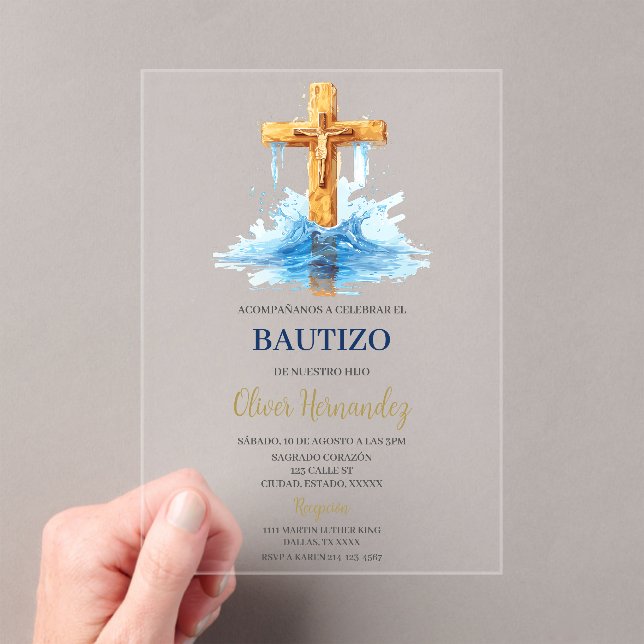 Blue crucifix baptism acrylic invitations (Insitu (Handheld))