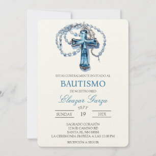 Blue Crucifix baptism in spanish Invitation