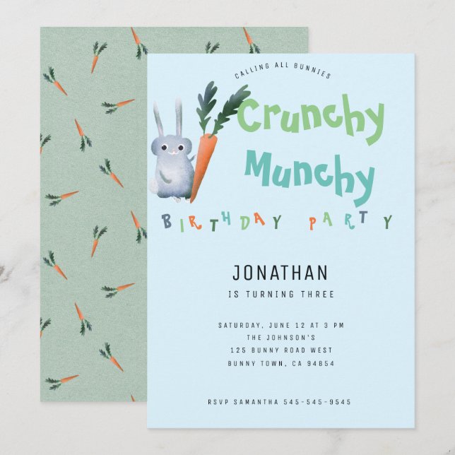 Blue Crunchy Munchy Bunny Birthday Party Cute Boy Invitation (Front/Back)
