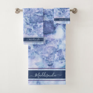 Blue Crystal Monogram Name Marble Agate Custom Bath Towel Set