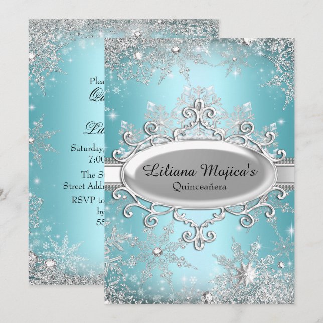Blue Crystal Snowflake Princess Quinceanera Invitation (Front/Back)