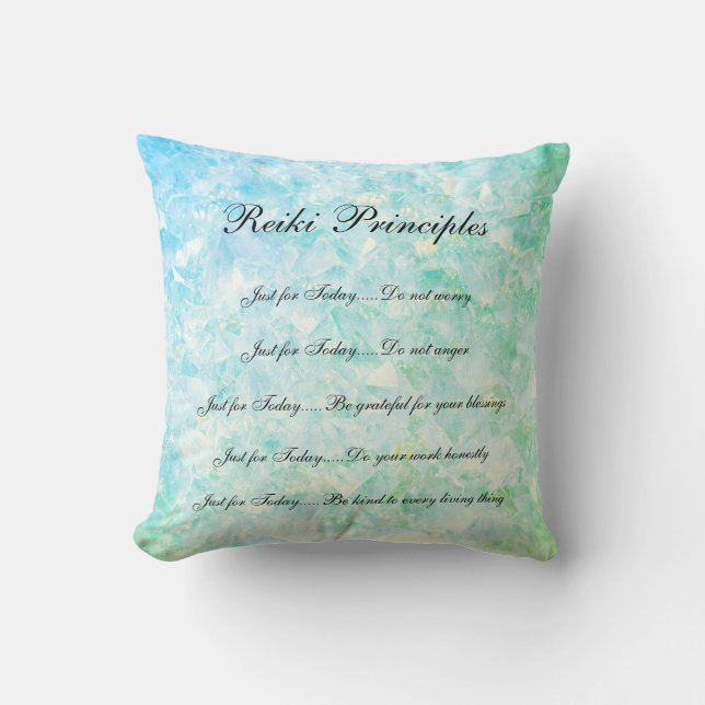 Blue Crystals Reiki Principles design Throw Pillow (Front)