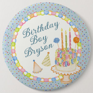 Blue Cue the Confetti Birthday Party Dessert 6 Inch Round Button