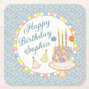 Blue Cue the Confetti Birthday Party Dessert Square Paper Coaster