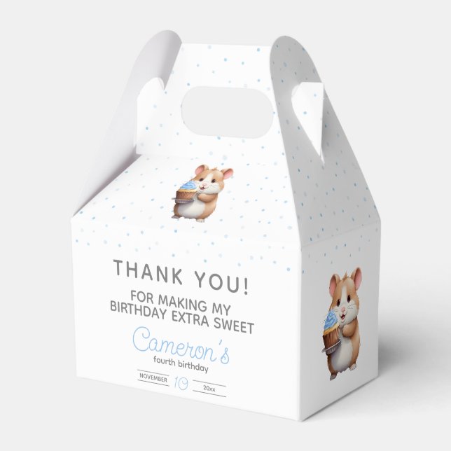 Blue cupcake hamster, nibble & giggle birthday favor box (Front Side)