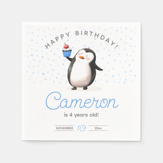 Blue cupcake penguin boy's birthday napkin (Front)