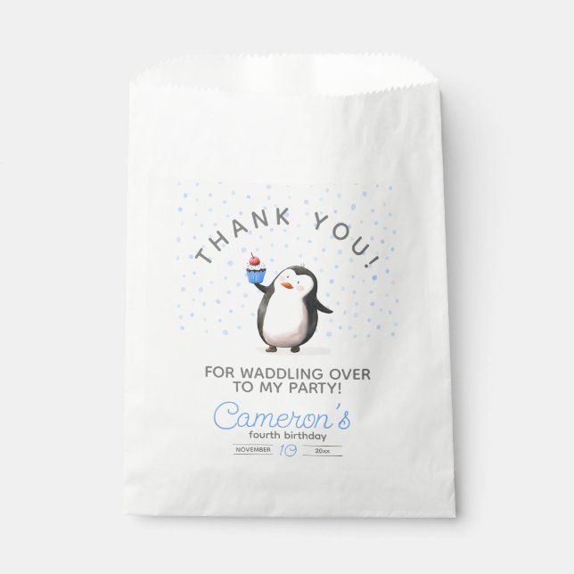 Blue cupcake penguin celebration boy's birthday favour bag (Front)