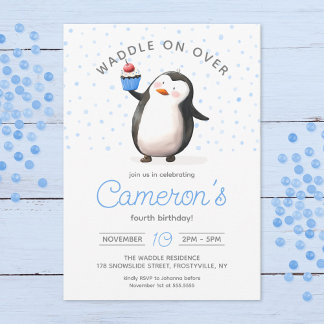 Blue Cupcake Penguin Celebration, kid's Birthday Invitation