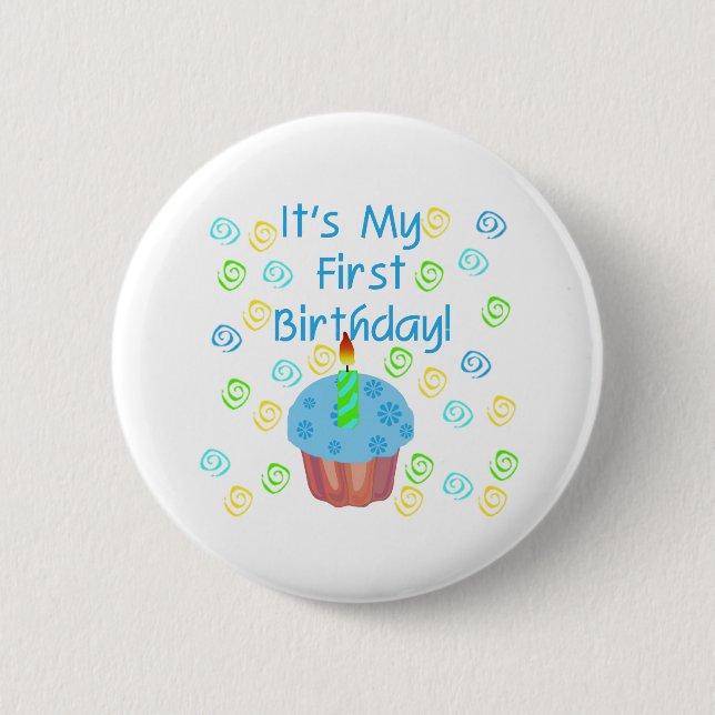 Blue Cupcake with Candle First Birthday 2 Inch Round Button (Front)