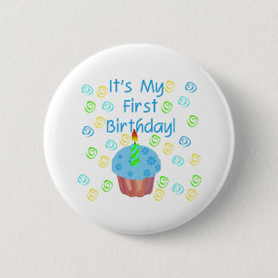 Blue Cupcake with Candle First Birthday 2 Inch Round Button
