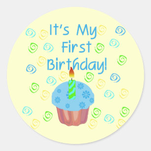 Blue Cupcake with Candle First Birthday Classic Round Sticker