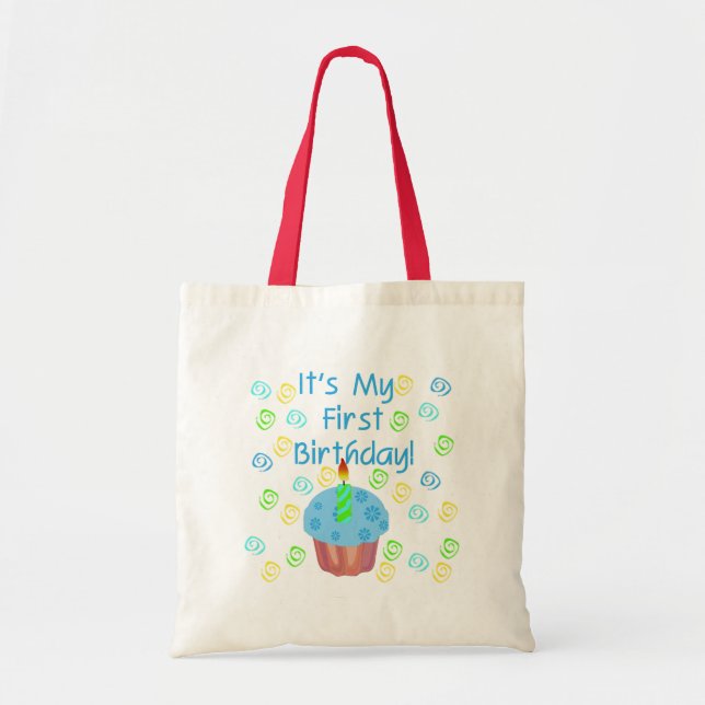 Blue Cupcake with Candle First Birthday Tote Bag (Front)