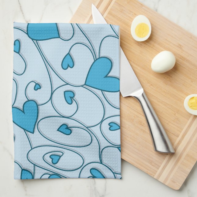 Blue curly hearts kitchen towel (Quarter Fold)