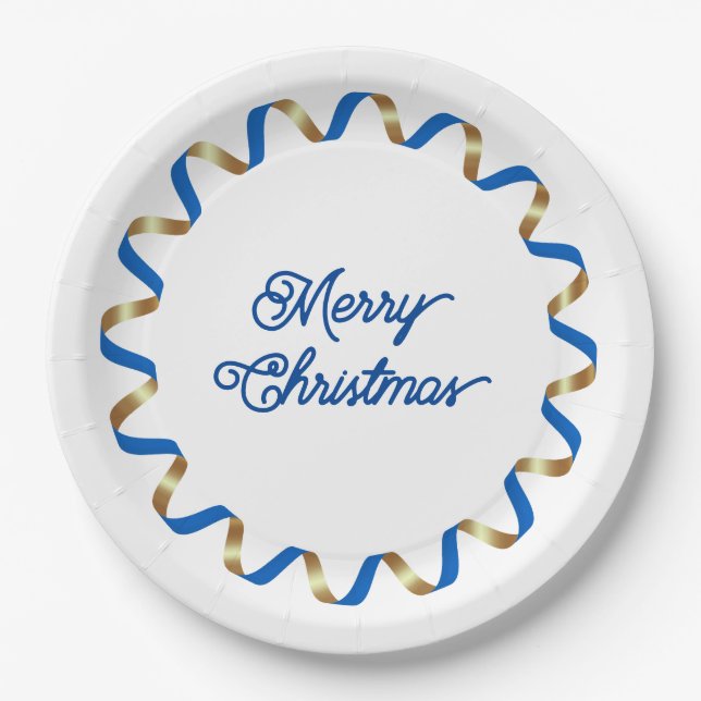 Blue Curly Ribbon Frame Christmas Paper Plate (Front)