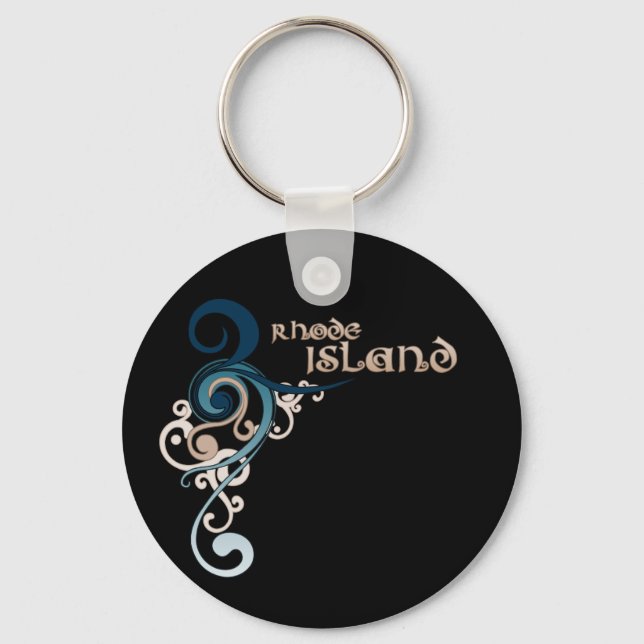 Blue Curly Swirl Rhode Island Keychain Dark (Front)