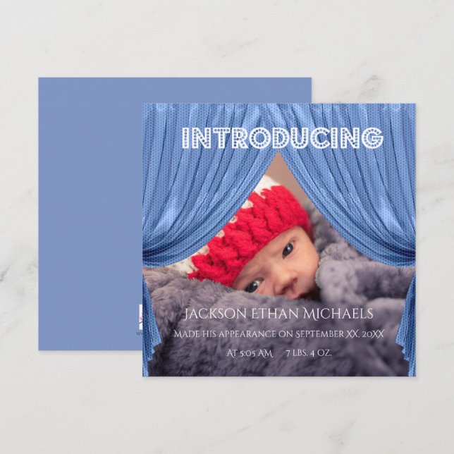 Blue Curtain Intrduction Birth Announcement (Front/Back)