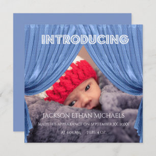 Blue Curtain Intrduction Birth Announcement