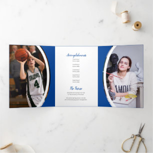 Blue Curved Frame Three Photo Graduation Tri-Fold Invitation