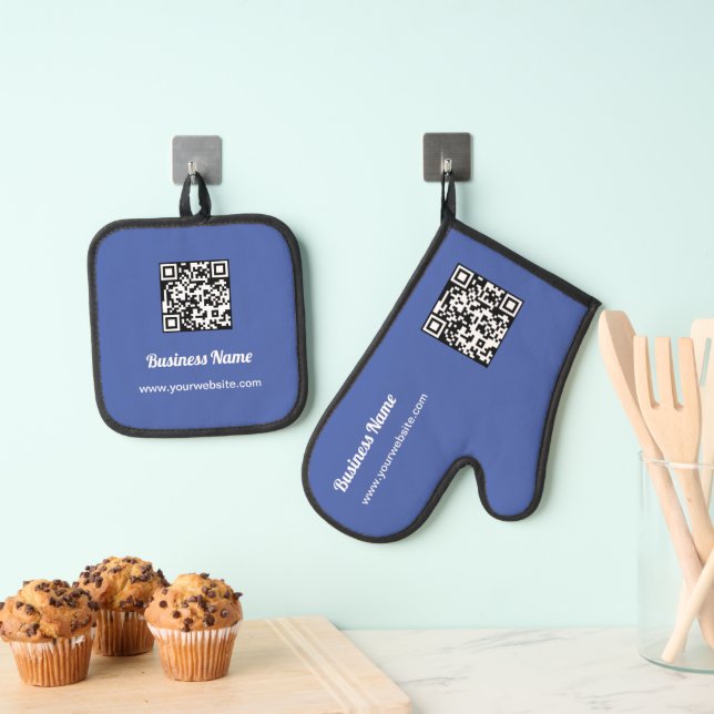 Blue Custom Business Name Barcode QR Code Oven Mitt & Pot Holder Set (Insitu(Hanging))