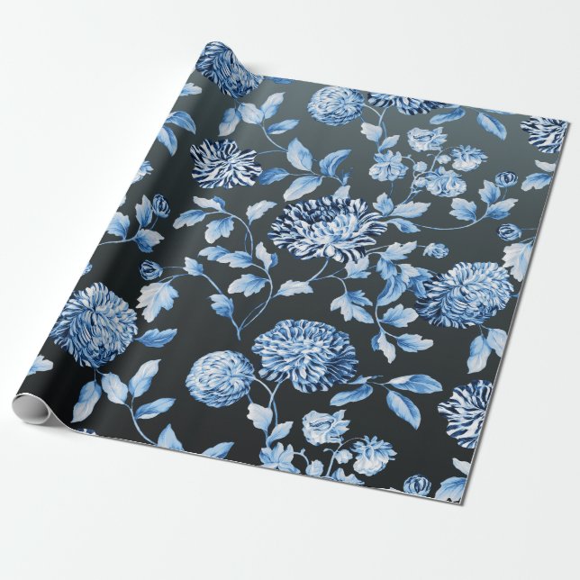 Blue Custom Colour Background Large Floral Toile Wrapping Paper (Unrolled)