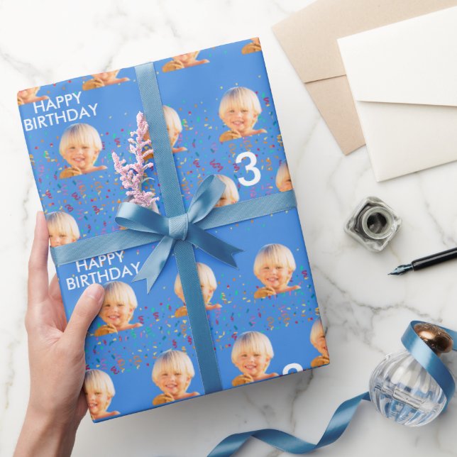 Blue Custom Face Photo Kids 3rd Birthday Party Wrapping Paper (Gifting)