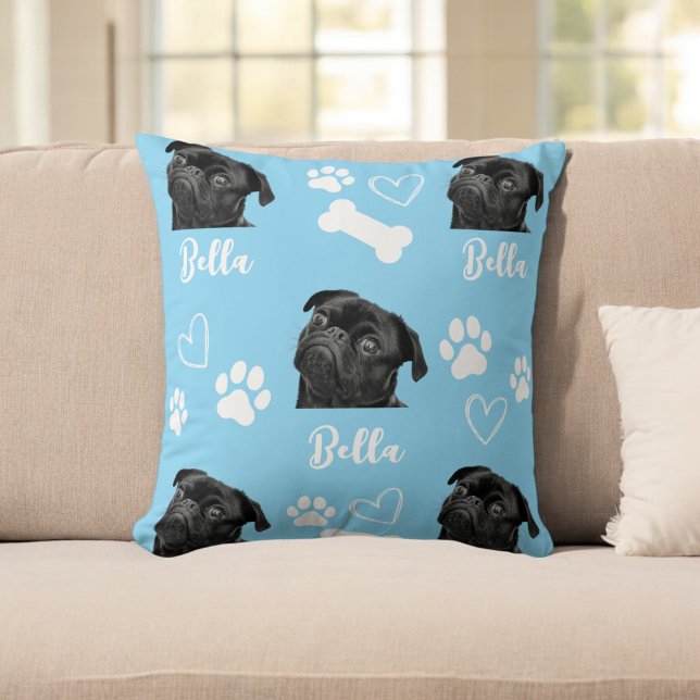 Blue Custom Love Paw Print Dog Lover Pet Photo Throw Pillow (Creator Uploaded)