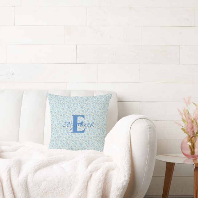Blue Custom Monogram Boho Wildflower Pattern   Throw Pillow (Couch)