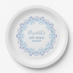 Blue Custom Monogram Simple Floral Elegant Paper Plate