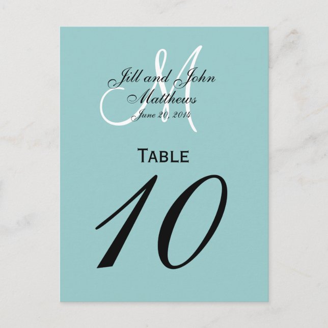 Blue Custom Monogram Wedding Table Number Postcard (Front)