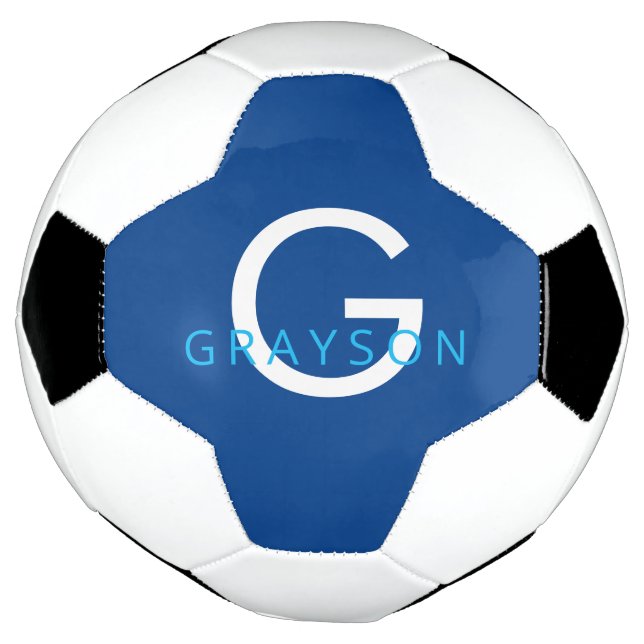 Blue Custom Name and Letter Monogram Printed Soccer Ball (Rotated)