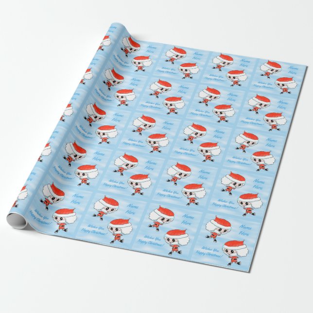 Blue Custom Name, Ice Skating Santa Christmas Wrapping Paper (Unrolled)