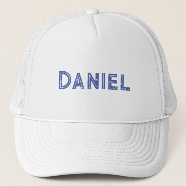 Blue custom name on white trucker hat (Front)