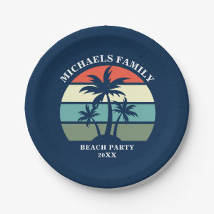 Blue Custom Palm Tree Sunset Tropical Beach Party Paper Plate