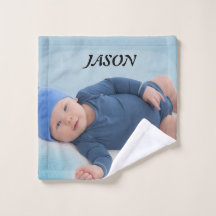 Blue custom personalized baby boy photo wash cloth