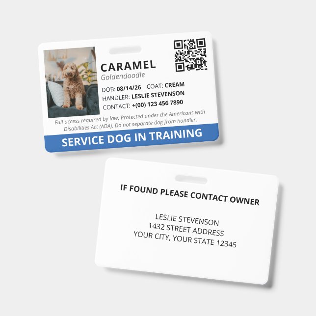 Blue Custom QR Code Service Dog In Training Badge (Front & Back)