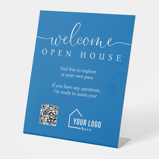 Blue Custom Real Estate Welcome Open House Pedestal Sign (Front)