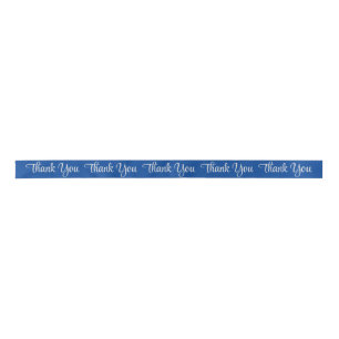 Blue Custom Satin Ribbon Silver Thank You Script