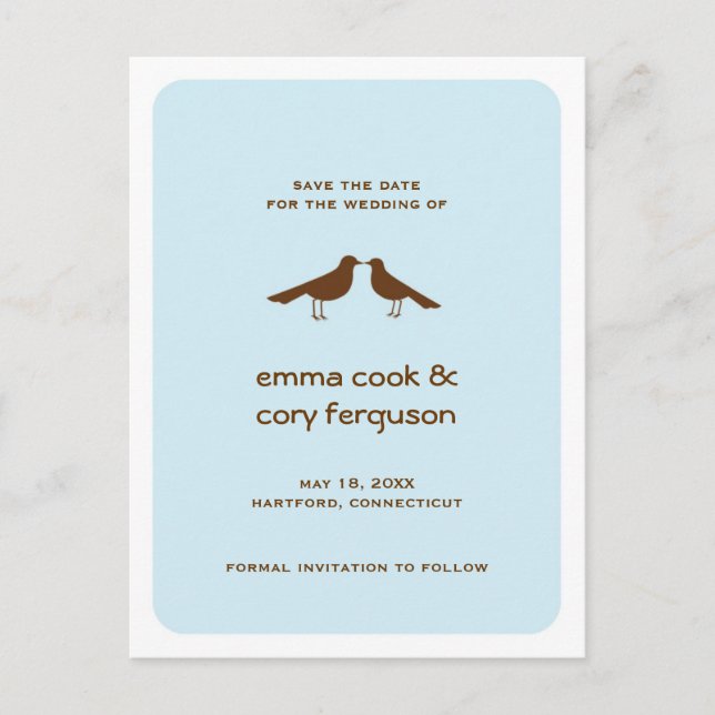 Blue custom save the date love birds flat card (Front)