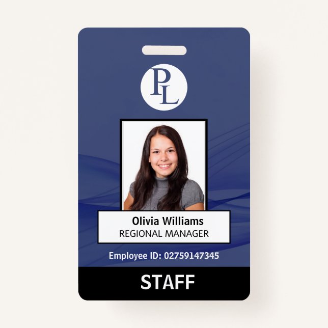BLUE Custom Vertical Professional Staff Photo ID Badge (Front)