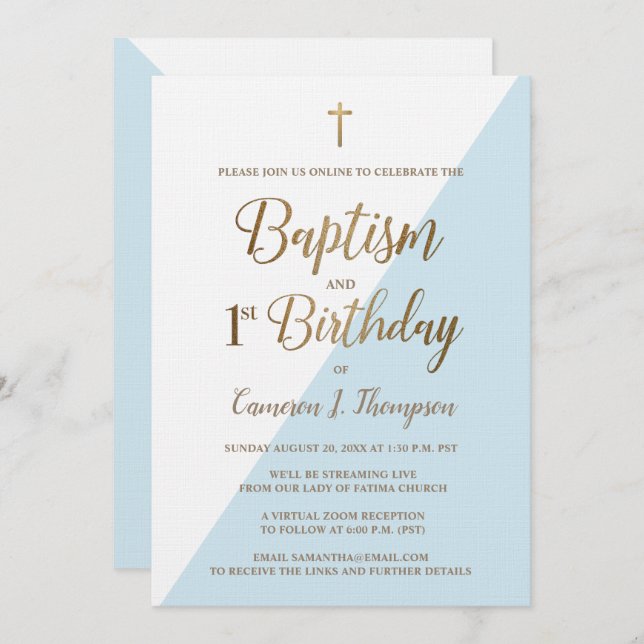 Blue Custom virtual baptism and first birthday Invitation (Front/Back)